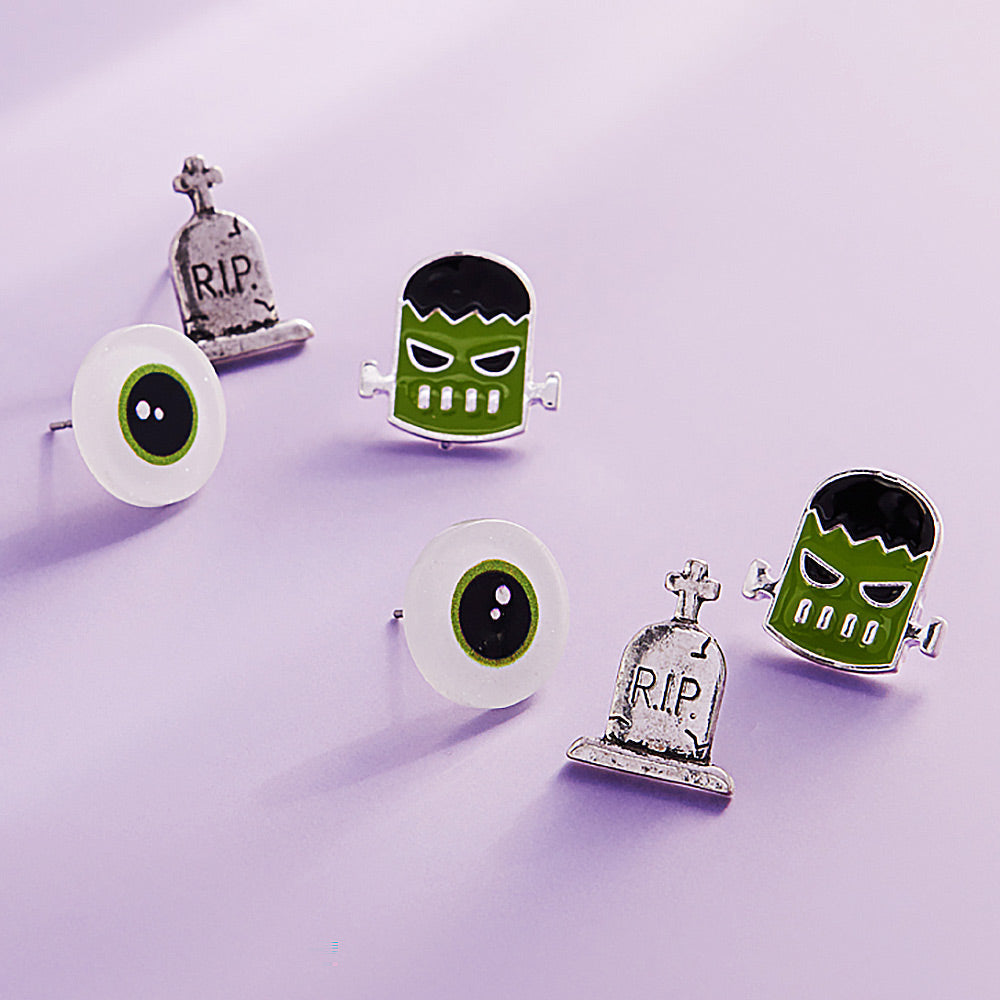 Enamel Halloween Frankenstein Monster Eye Tomb Stud Earring Trio Set