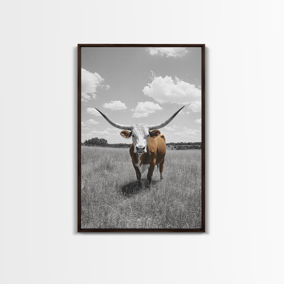 Longhorn Steer, Texas Plains, Rustic Bull, Western Framed Canvas Print, Farmhouse Wall Art, Country Ranch Decor, Fall Color Accent