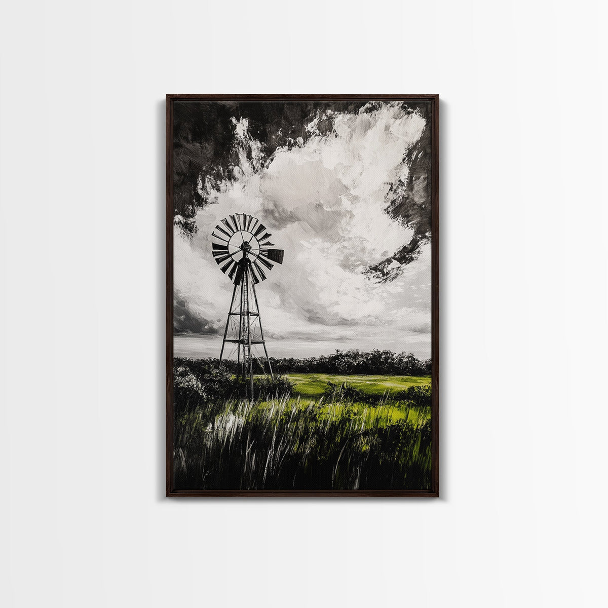 Black & White Windmill, windmill wall art, rustic decor, farmhouse art, landscape painting, framed canvas print, above bed wall art