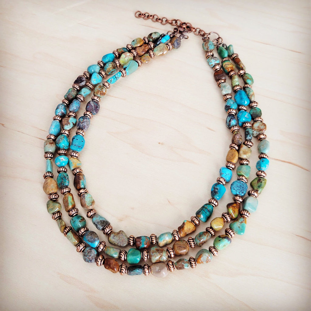 HuBei Genuine Turquoise & Copper Triple Strand Necklace 259t