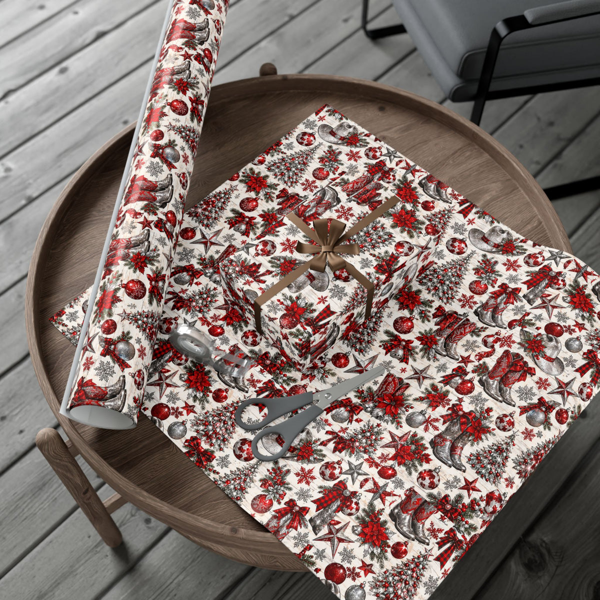 Red & Silver Cowboy Boots & Trees Christmas Wrapping Paper - Wildflowers & Moonshine Exclusive