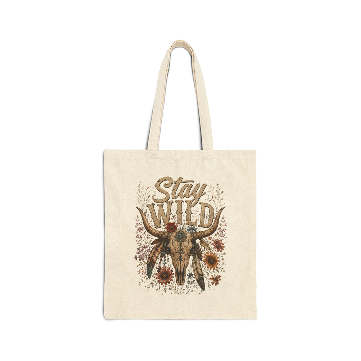 Stay Wild Boho Cow Skull Canvas Grocery & Market Tote Bag - Wildflowers & Moonshine Exclusive!