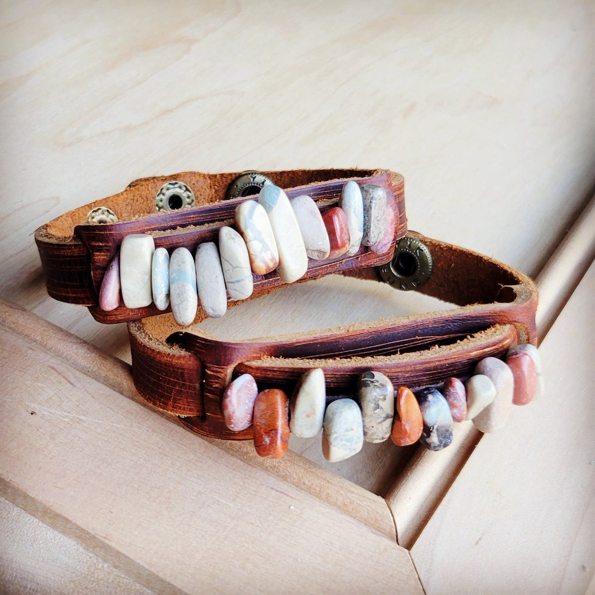 Leather Narrow Cuff with Aqua Terra Stones 005f