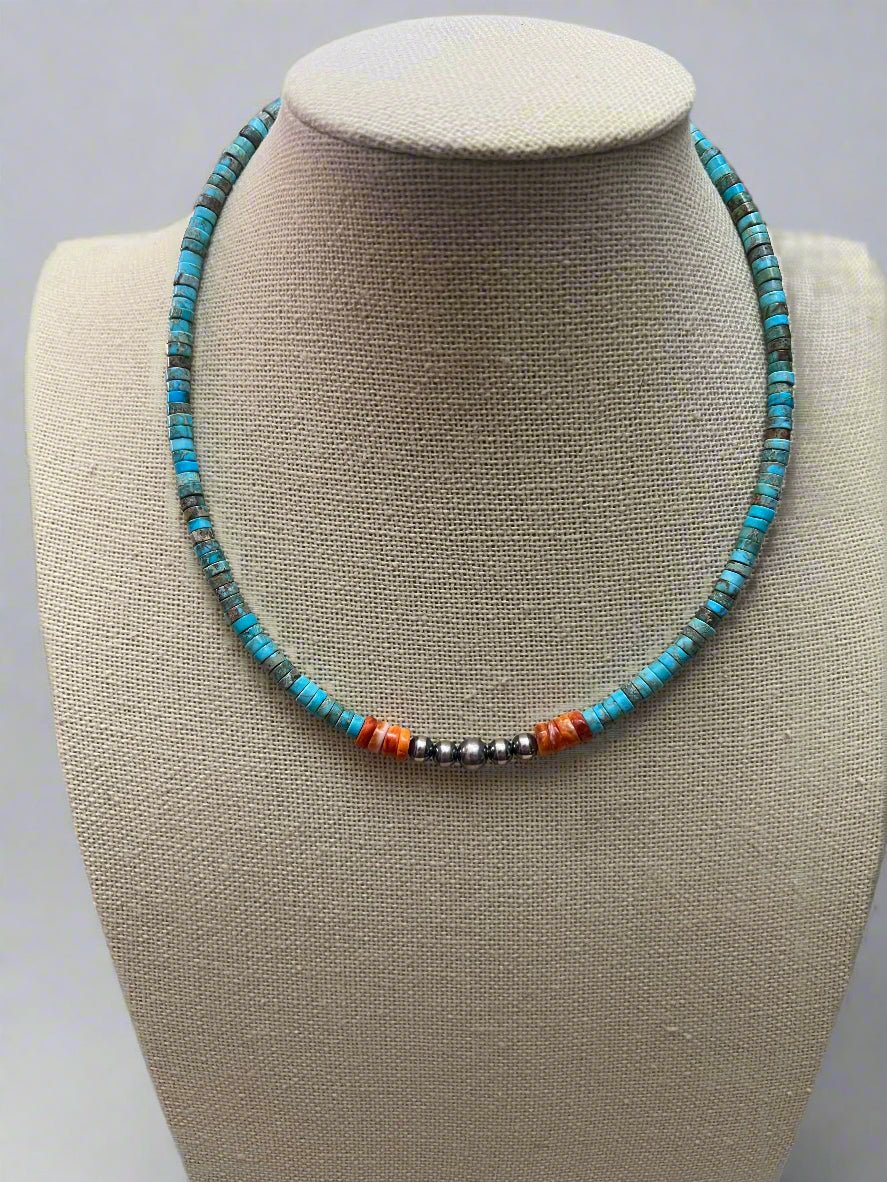 The Vibrant Choker — Spiny Oyster, Variscite Turquoise & Sterling Pearl — 14 inch (with 3 inch extender)