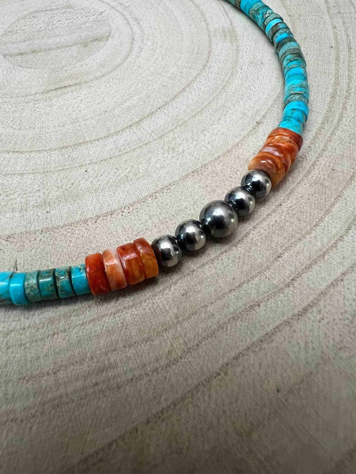 The Vibrant Choker — Spiny Oyster, Variscite Turquoise & Sterling Pearl — 14 inch (with 3 inch extender)