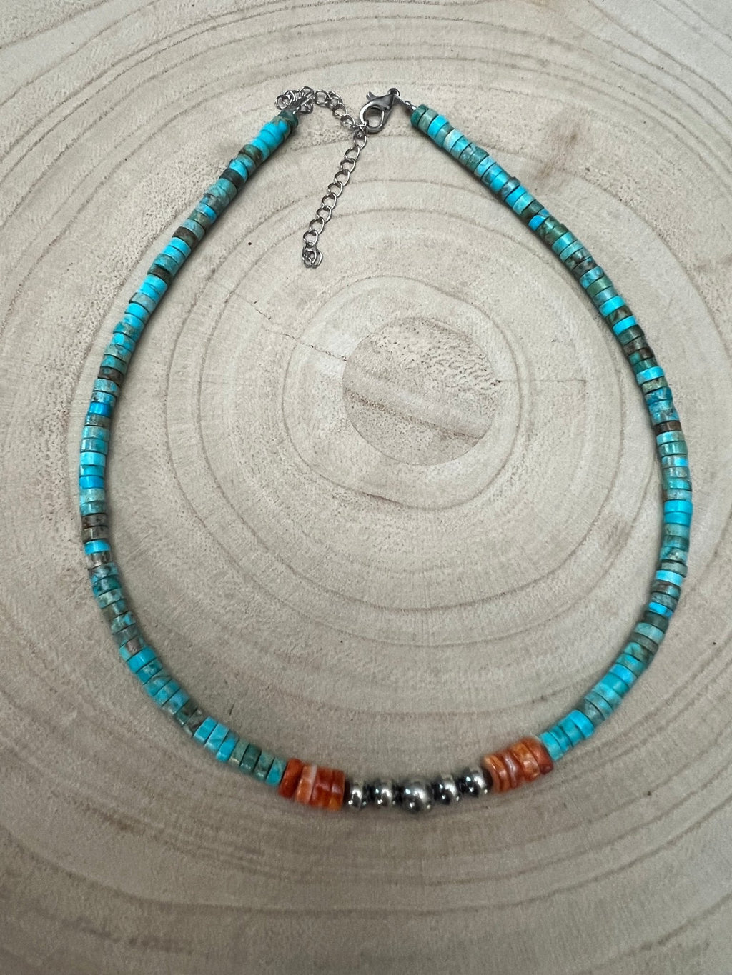 The Vibrant Choker — Spiny Oyster, Variscite Turquoise & Sterling Pearl — 14 inch (with 3 inch extender)