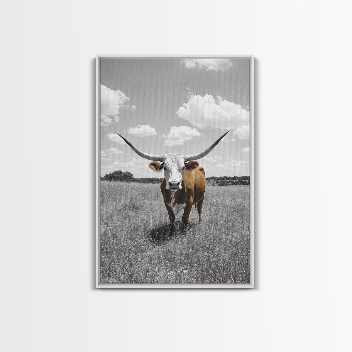 Longhorn Steer, Texas Plains, Rustic Bull, Western Framed Canvas Print, Farmhouse Wall Art, Country Ranch Decor, Fall Color Accent
