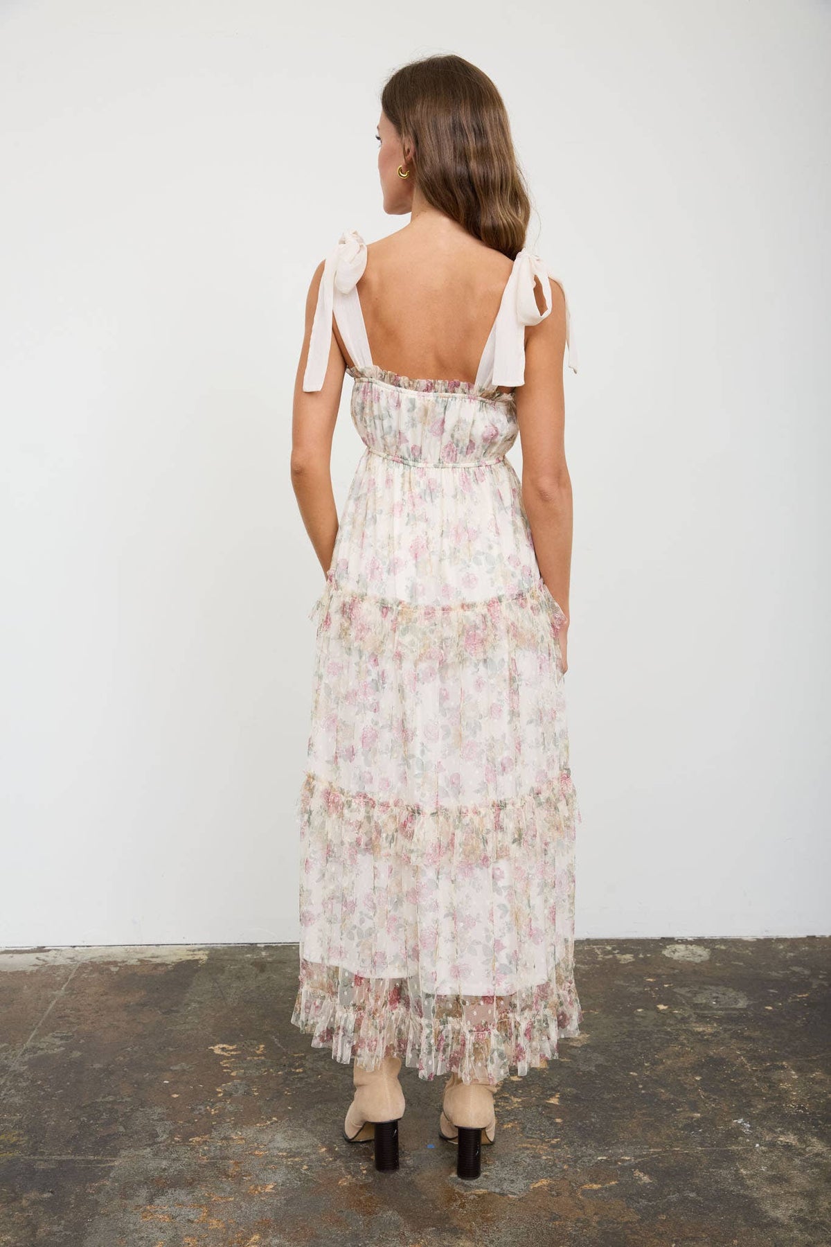 Floral Chiffon Tie Strap Ruffled Tiered Midi Dress - Oatmeal