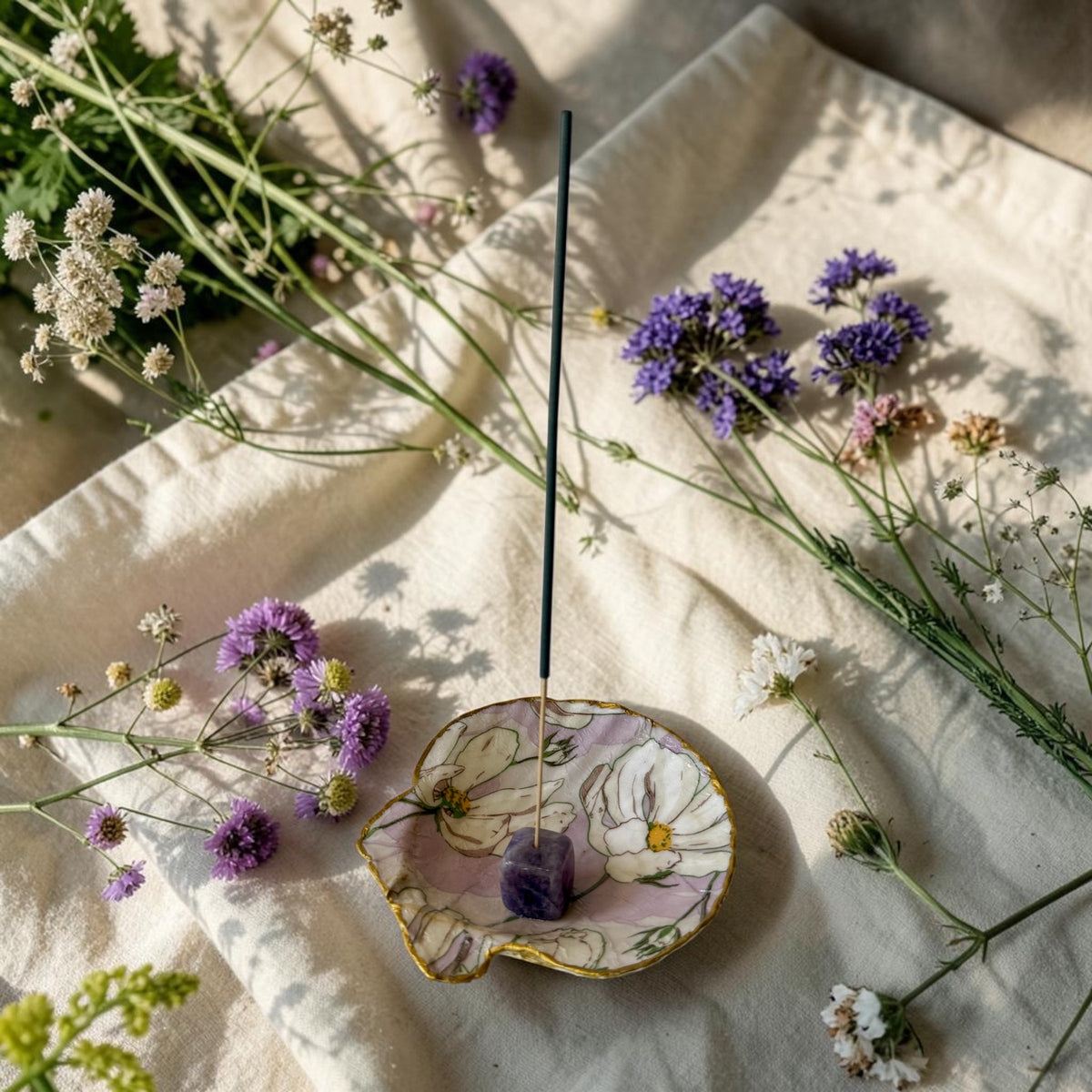 Wildflower Meadow Shell Incense Burner | Handmade Floral Scallop Shell Incense Holder