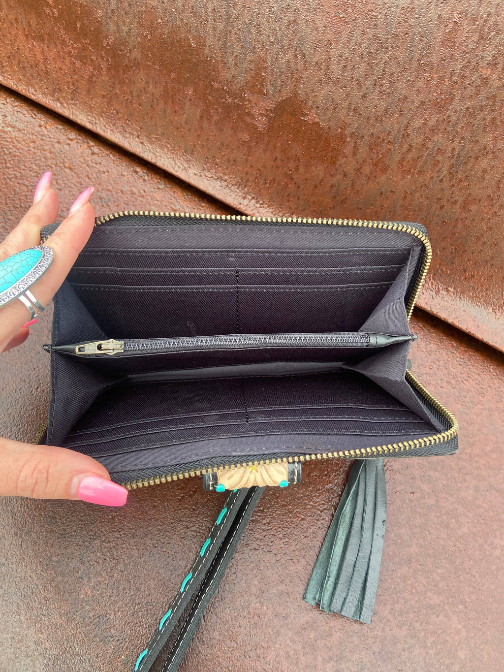 Tooled Leather Cowhide Wristlet Wallet