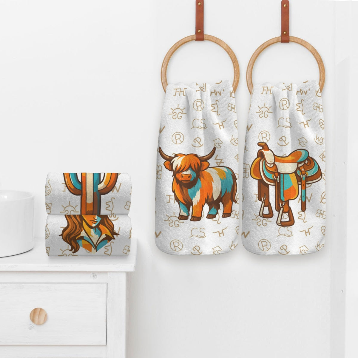 Minimalistic Western Highland Cow Cattle Brands Kitchen Towels Set of 4