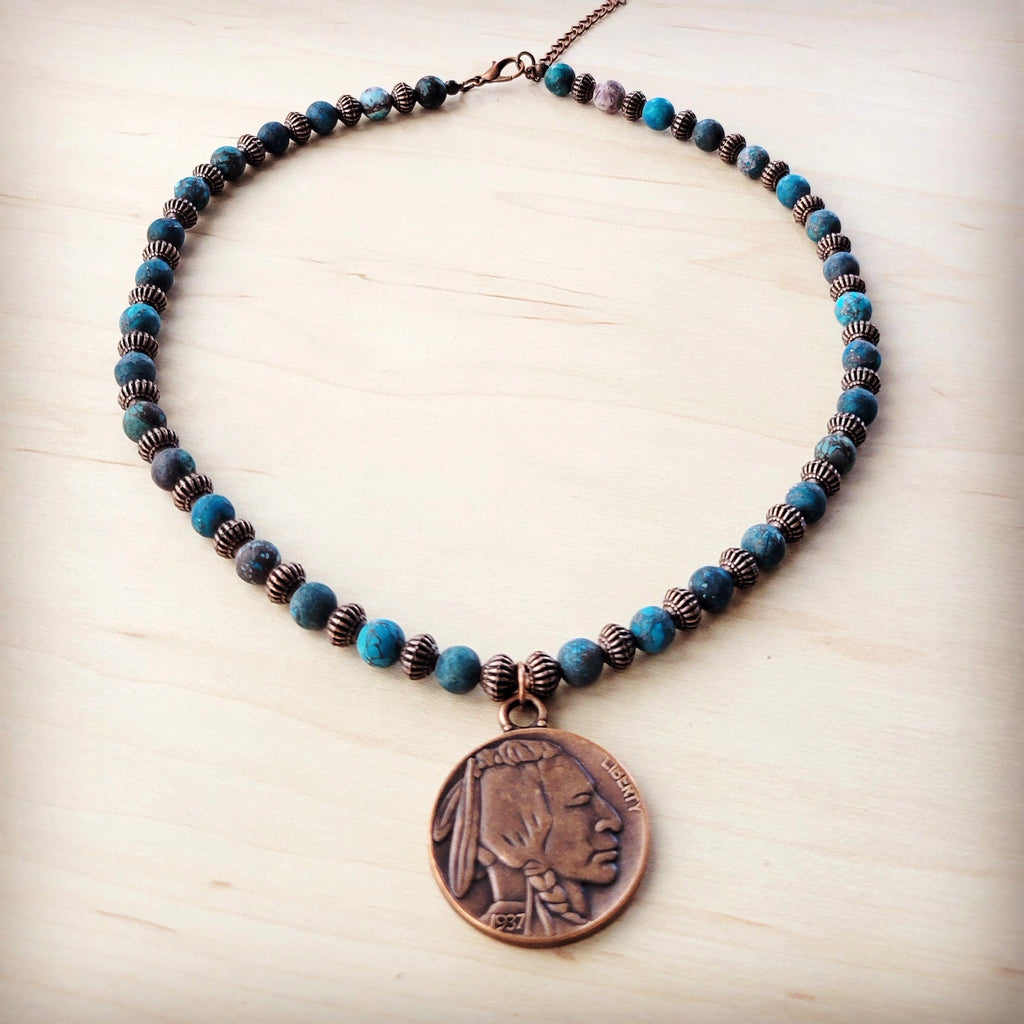 American Natural Turquoise Beaded Collar Necklace w/ Indian Head Pendant 262h