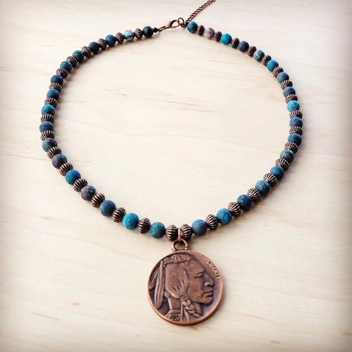 American Natural Turquoise Beaded Collar Necklace w/ Indian Head Pendant 262h