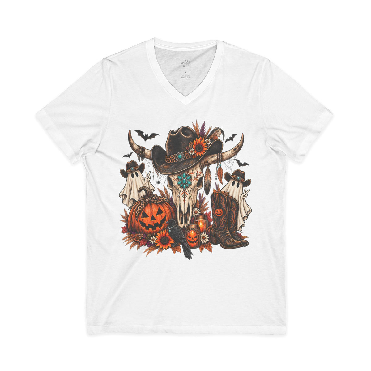 Halloween Cow Skull V-Neck Tee ~ Wildflowers & Moonshine ~ Western Pumpkin & Ghosts Graphic