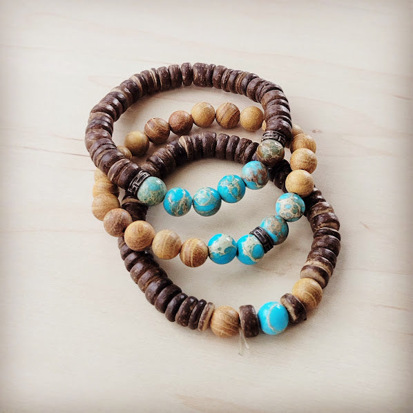 Wood & Imperial Jasper Stretch Bracelet Trio 808a