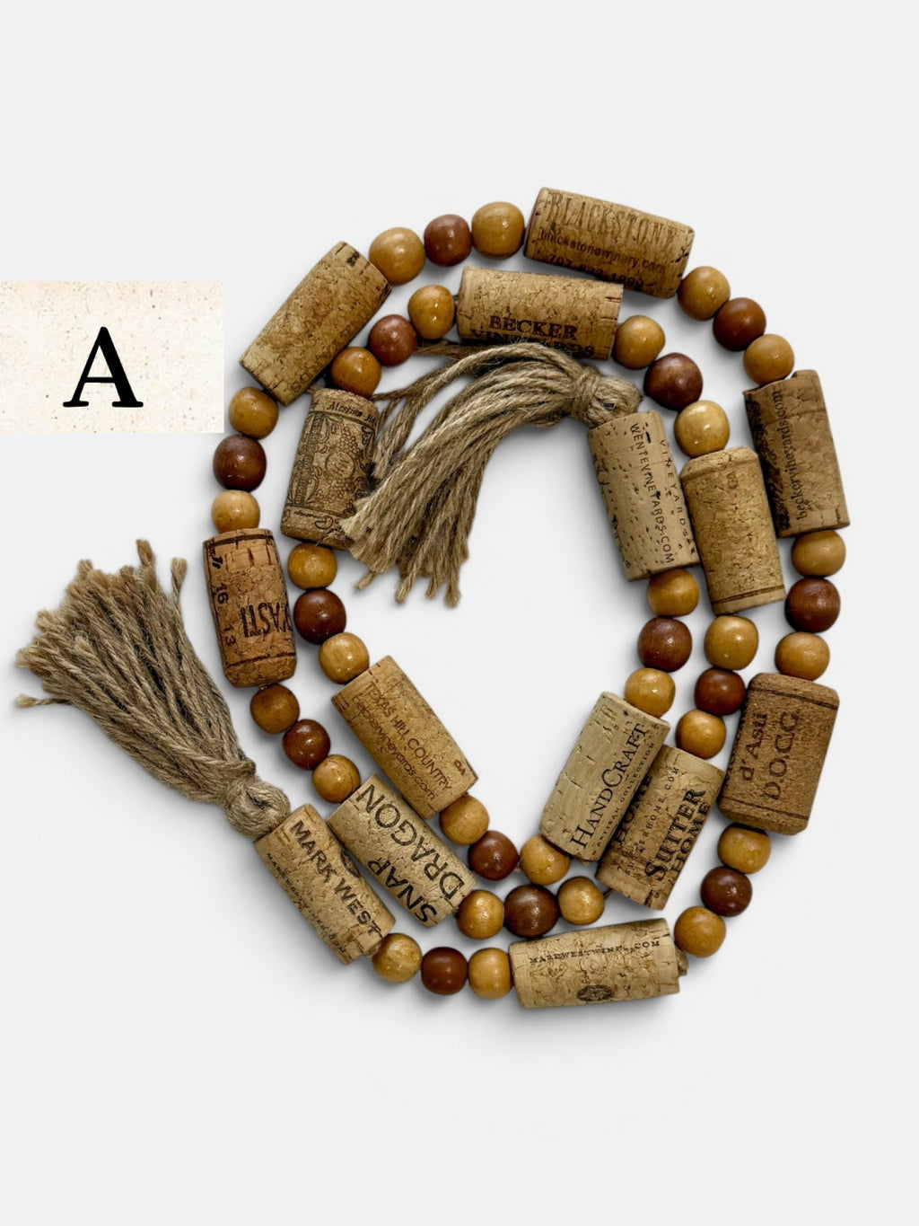 Handcrafted Wine Cork Garland – Timeless Rustic Boho Decor with Round Wood Beads & Tassels