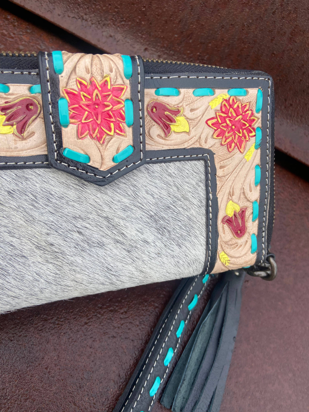 Tooled Leather Cowhide Wristlet Wallet
