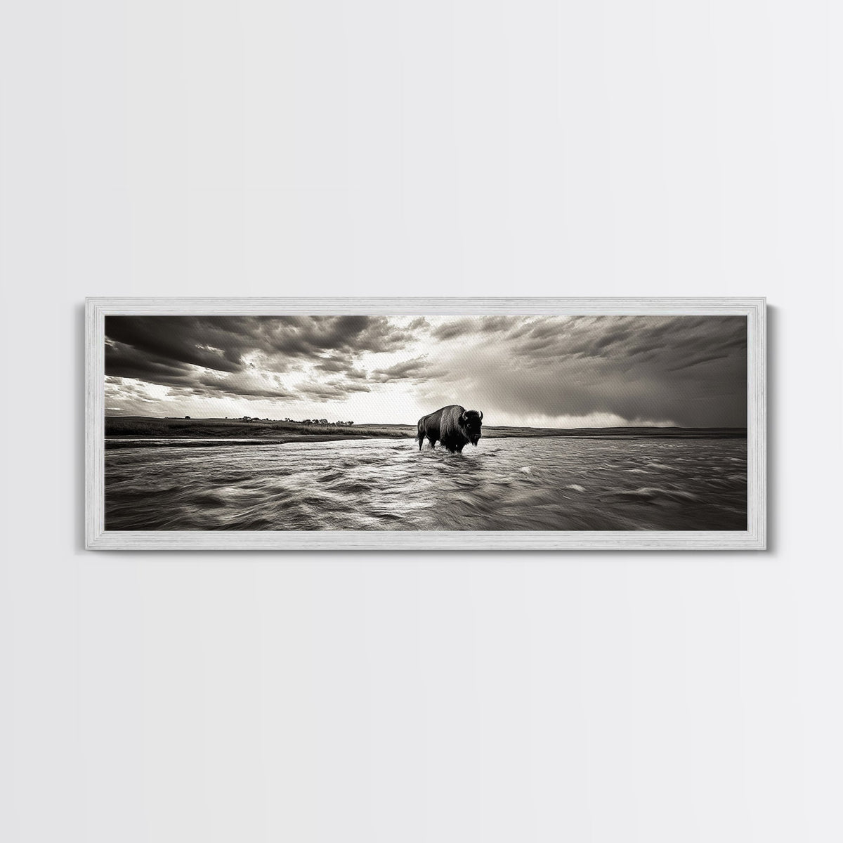 Bison River, Prairie Storm, American West, Framed Canvas Print, Rustic Nature Art, Fall Living Room Decor, Wildlife Photography