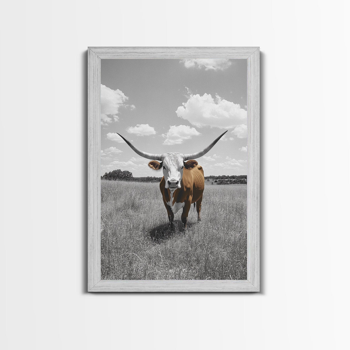 Longhorn Steer, Texas Plains, Rustic Bull, Western Framed Canvas Print, Farmhouse Wall Art, Country Ranch Decor, Fall Color Accent