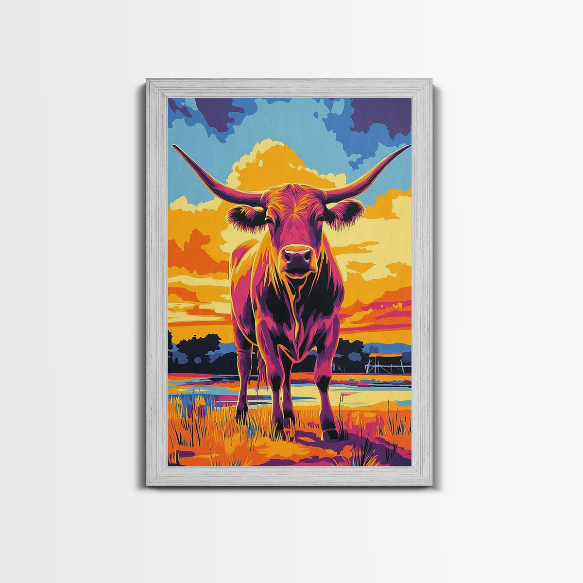 Sunset Longhorn, cowboy art, bull and bear art, southwest wall art, rustic art, pink orange wall art, vintage horse art, Canvas Print