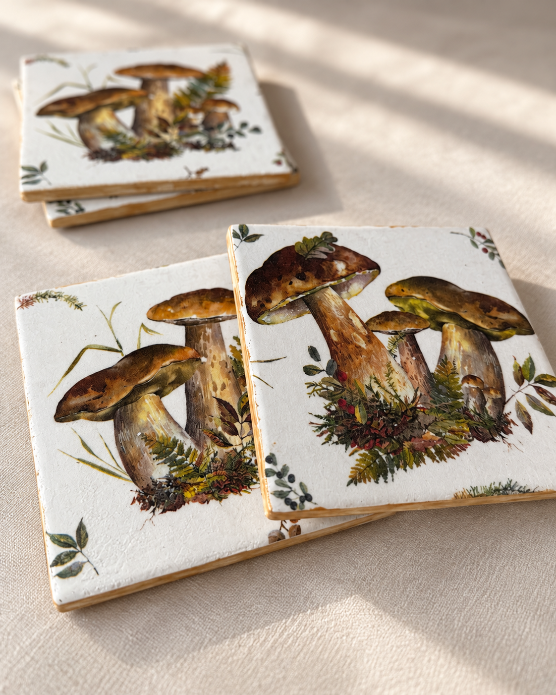 Woodland Mushroom Handmade Coaster Set | Set of 4 with Metal Holder