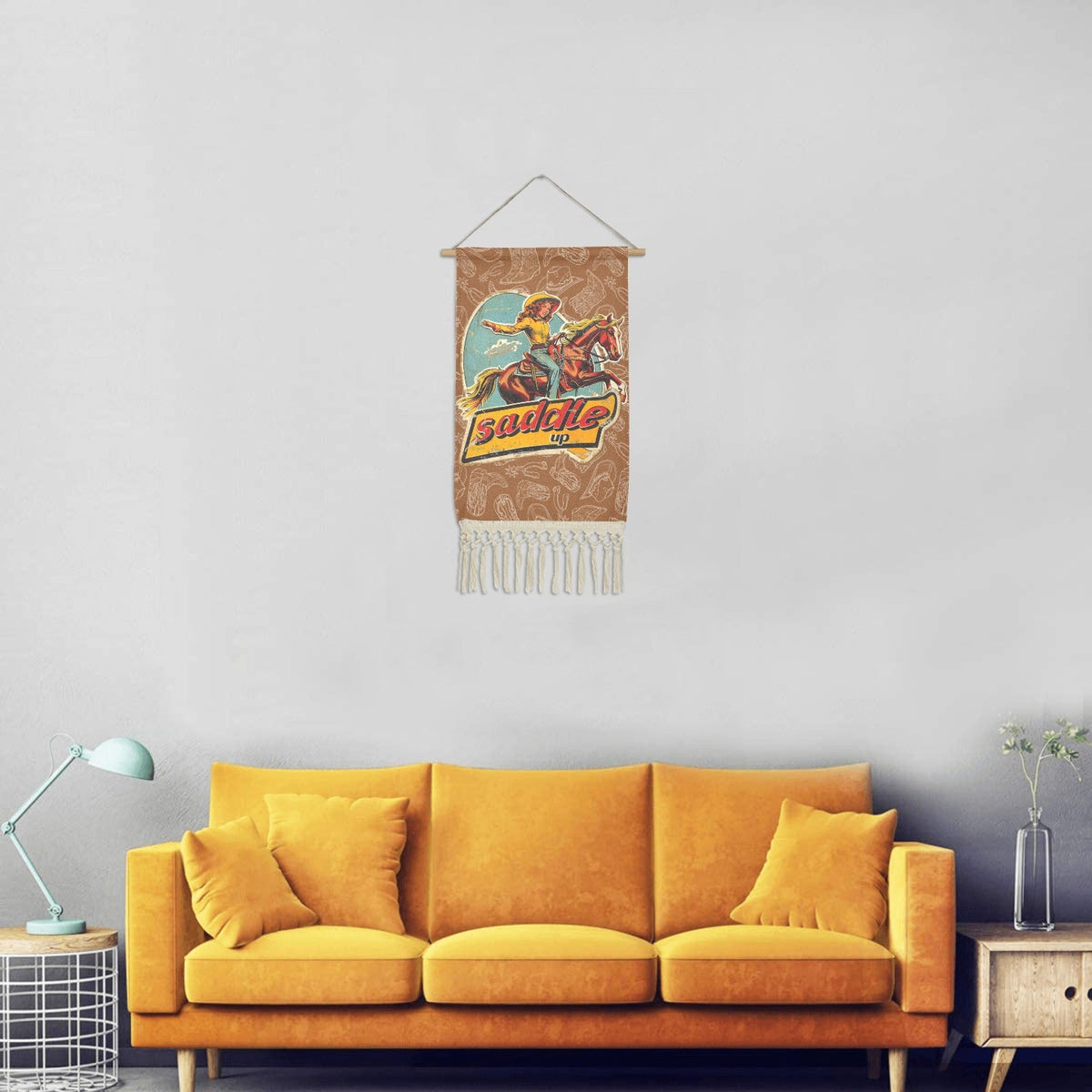 Saddle Up Western Wall Decor Linen Hanging Poster with Fringe