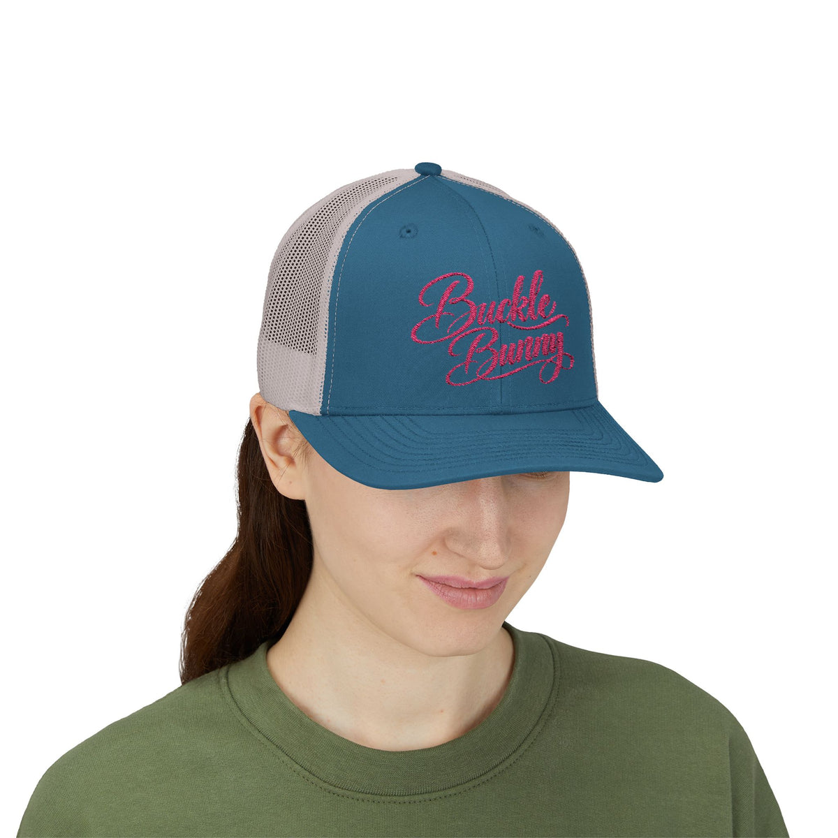 Buckle Bunny Trucker Cap — Retro Script Rhinestone Style Snapback
