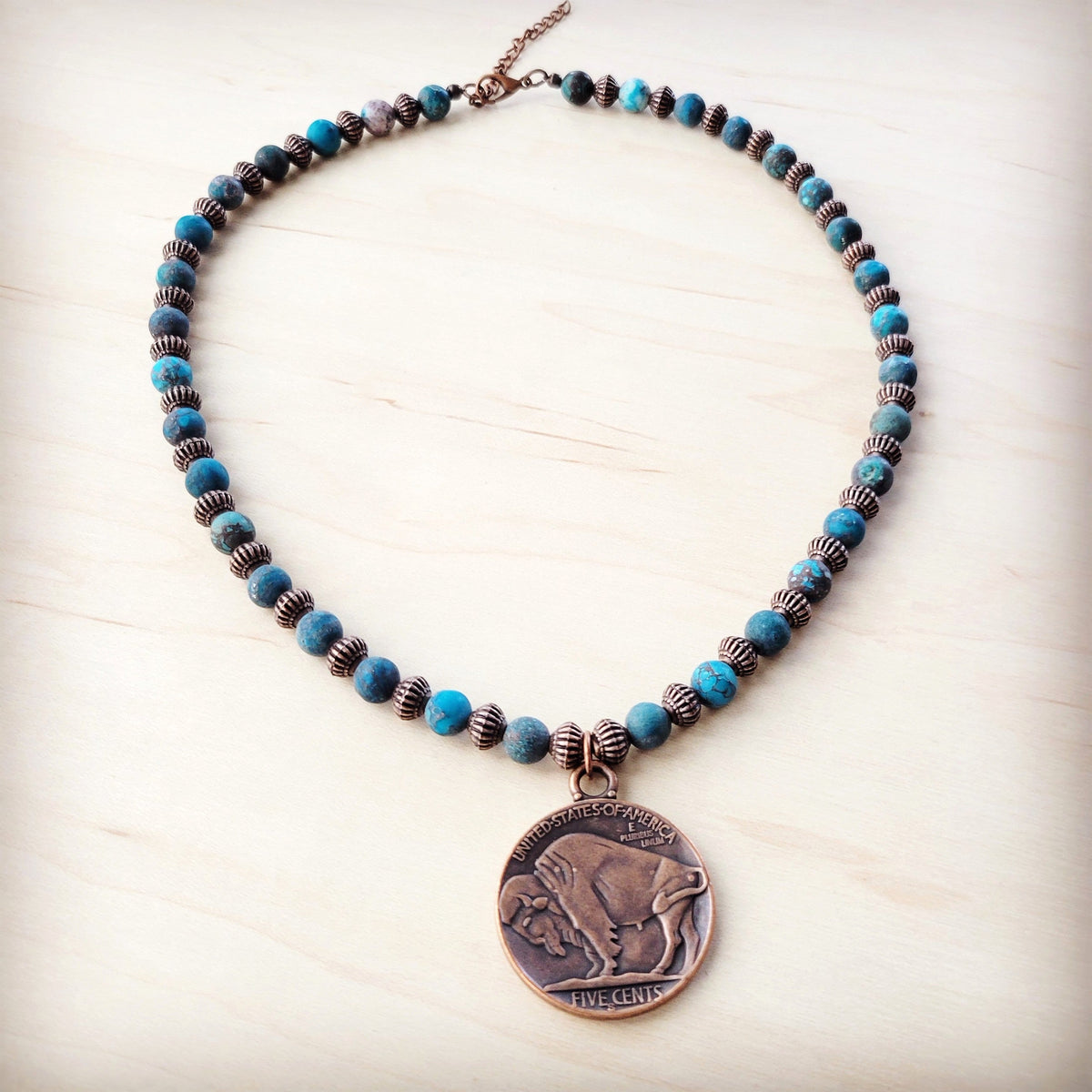American Natural Turquoise Beaded Collar Necklace w/ Indian Head Pendant 262h