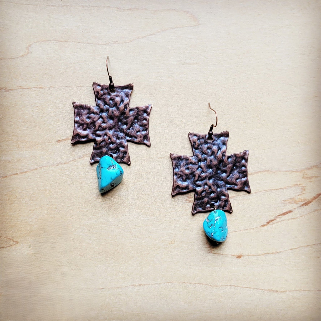 Copper Cross Earrings w/ Blue Turquoise Chunks 220o