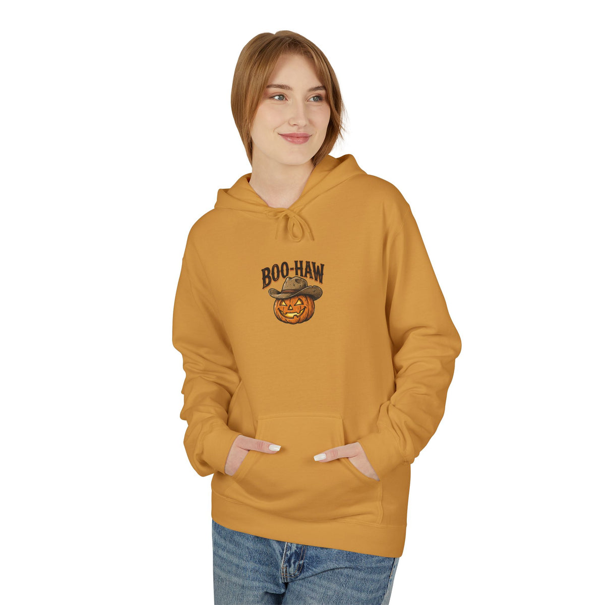 Boo-Haw Halloween Hoodie ~ Wildflowers & Moonshine — Cowgirl Scarecrow Pumpkin Fall Pullover
