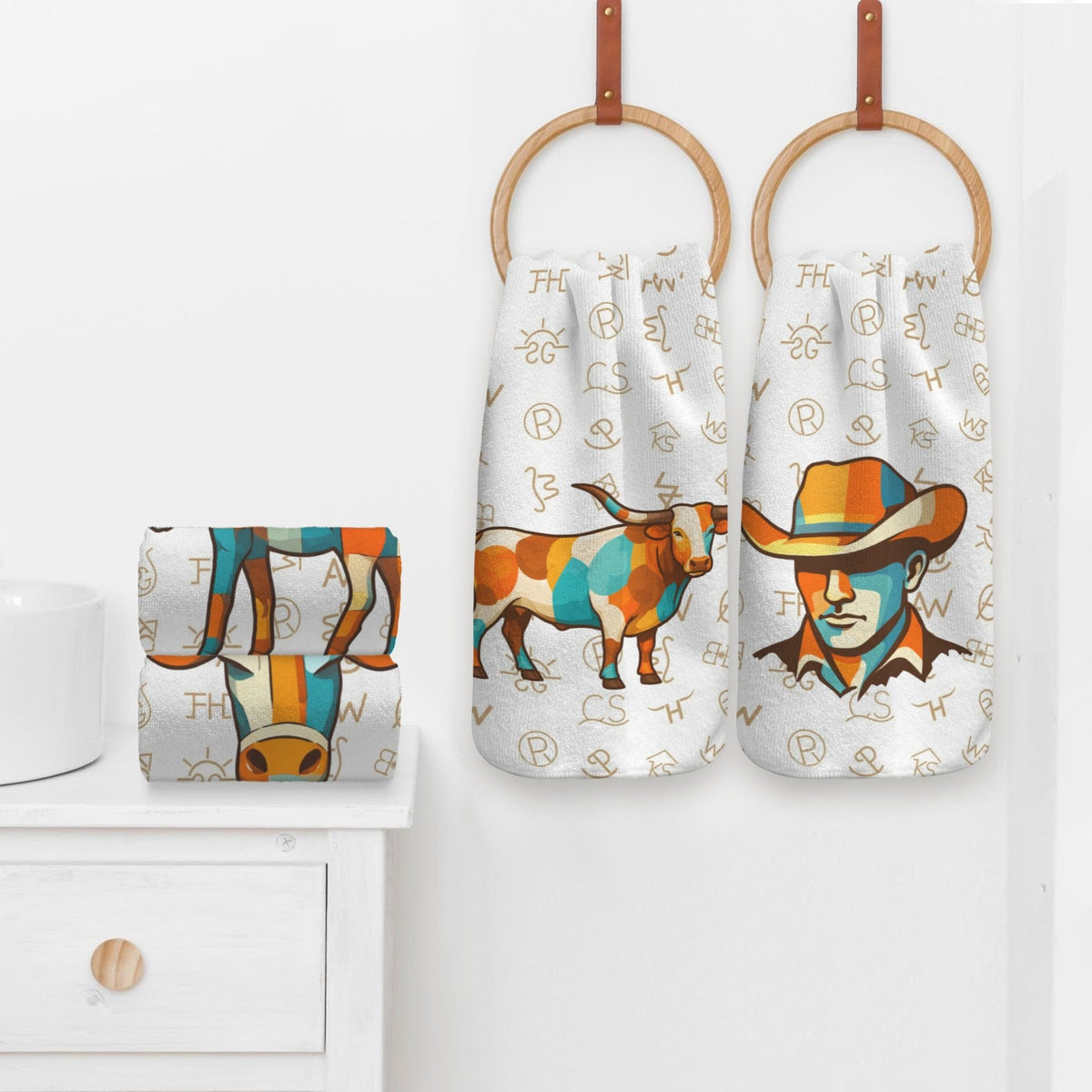 Set of 4 Minimalistic Cowboy Western Cattle Brands Kitchen Towels