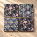 Gothic Skull & Damask Coaster Set with Metal Holder