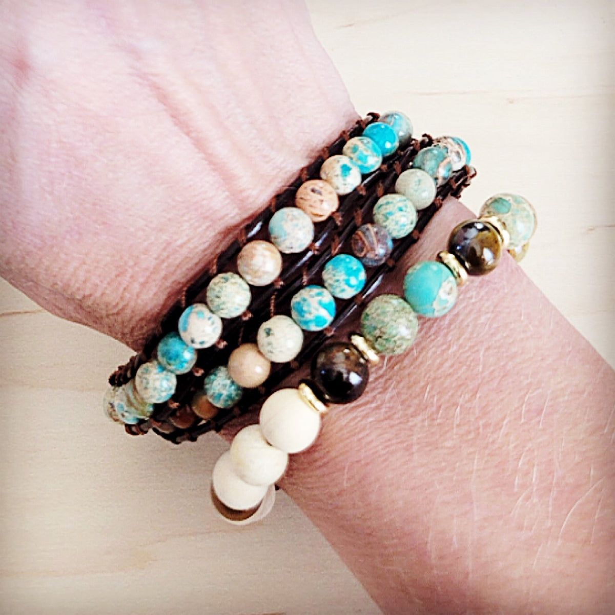 Jasper Beaded Leather Double Wrap Bracelet 811s