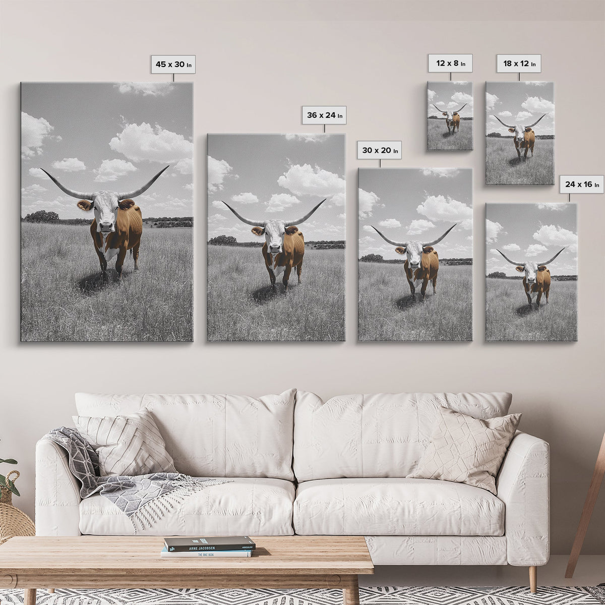 Longhorn Steer, Texas Plains, Rustic Bull, Western Framed Canvas Print, Farmhouse Wall Art, Country Ranch Decor, Fall Color Accent