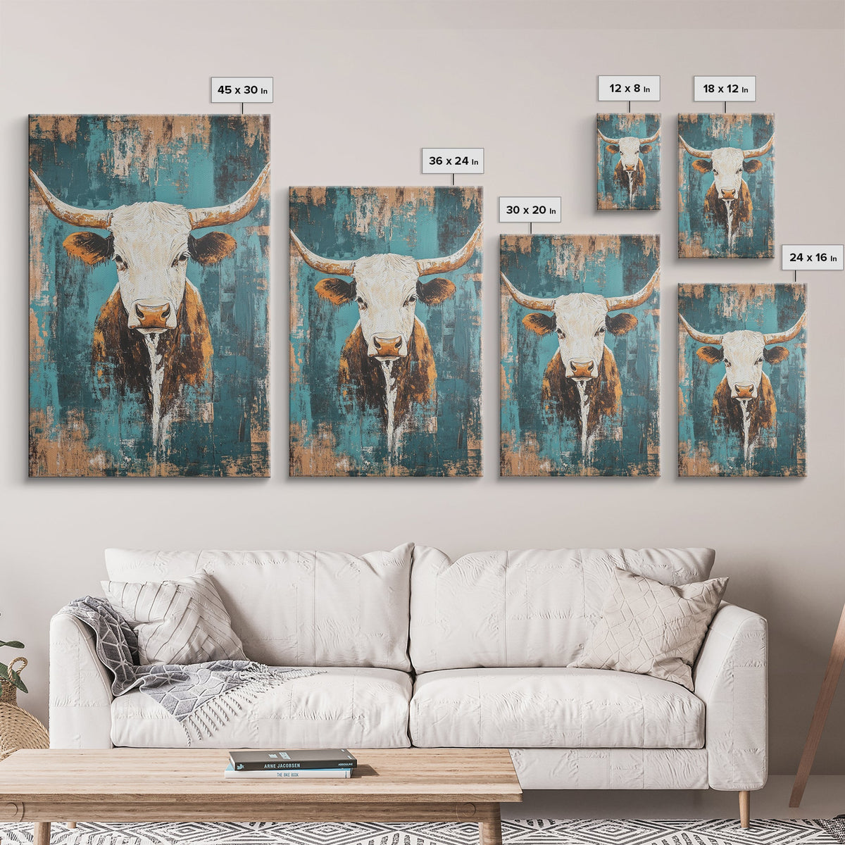Vintage Longhorn, Rustic Wall Art, Teal Wall Art, Farmhouse Art, Canvas Print, Southwest Wall Art, Gift Idea, Country Home Decor