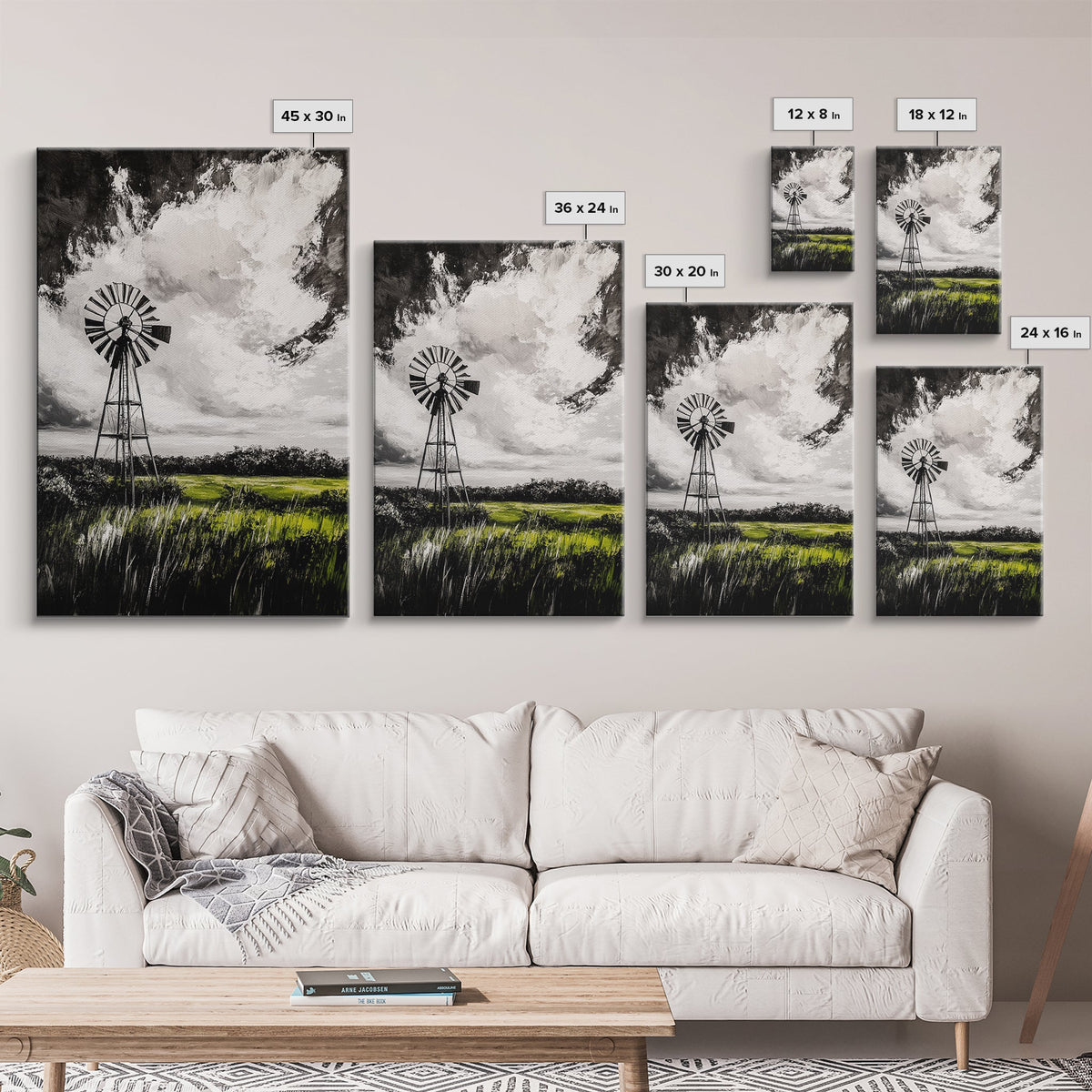 Black & White Windmill, windmill wall art, rustic decor, farmhouse art, landscape painting, framed canvas print, above bed wall art