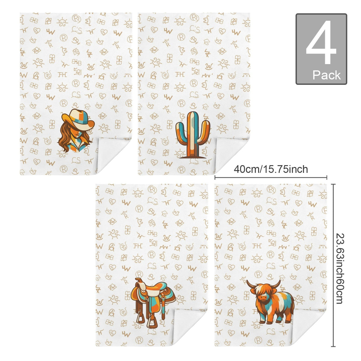 Minimalistic Western Highland Cow Cattle Brands Kitchen Towels Set of 4