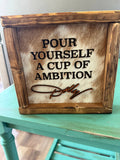 Dolly Parton Themed Framed Cowhide Sign - Pour Yourself a Cup of Ambition