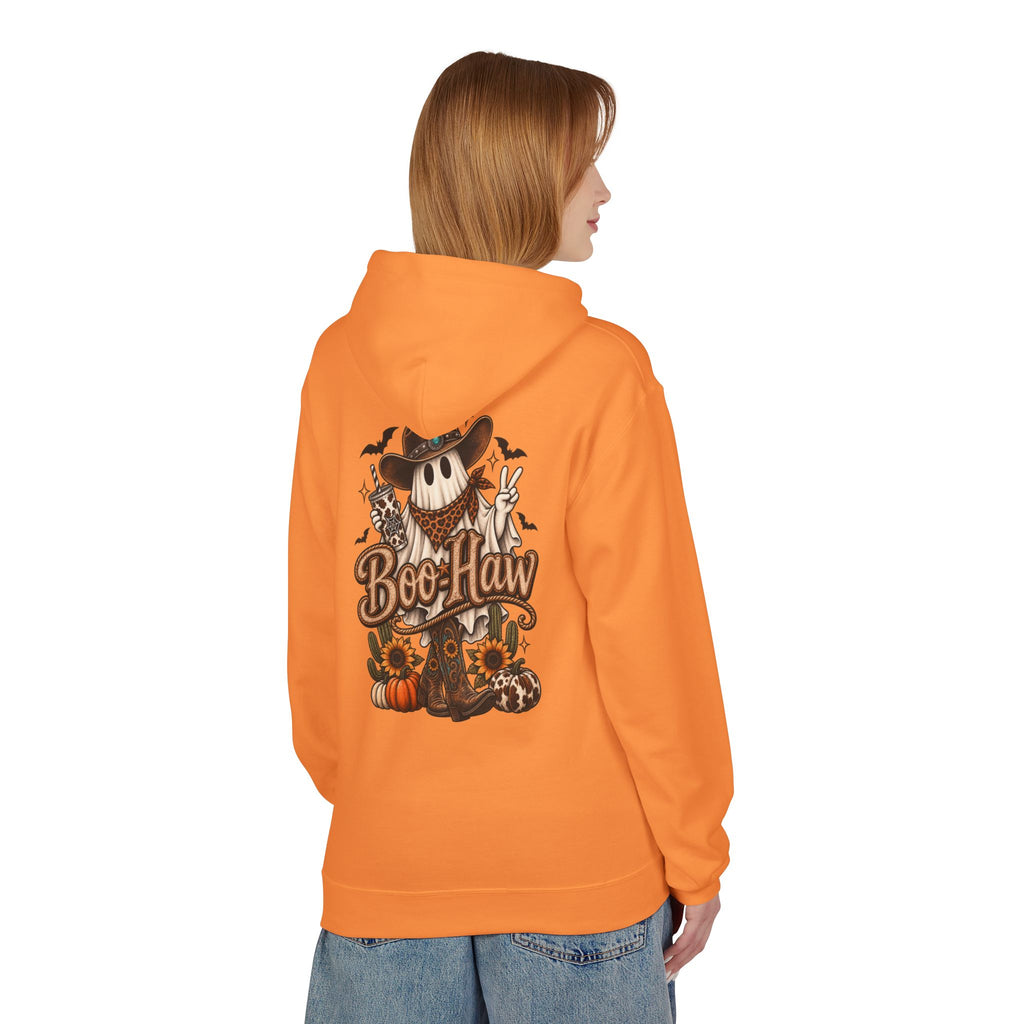 Boo-Haw Halloween Hoodie ~ Wildflowers & Moonshine — Cowgirl Scarecrow Pumpkin Fall Pullover