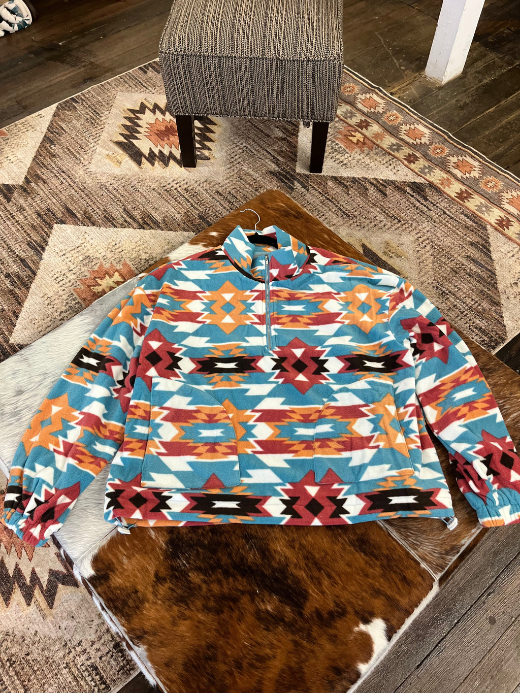 Santa Fe Aztec Sherpa Fleece Zip-Up Blue B Western Pullover Sweatshirt — Side Pocket with Adjustable Toggle Cords