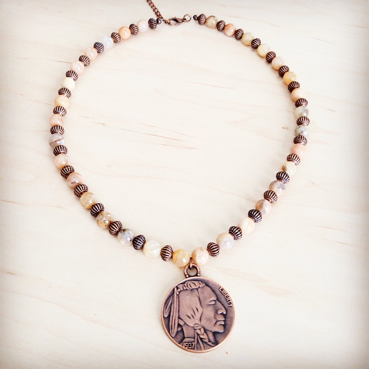 Agate Beaded Collar Necklace w/ Indian Head Pendant 262m