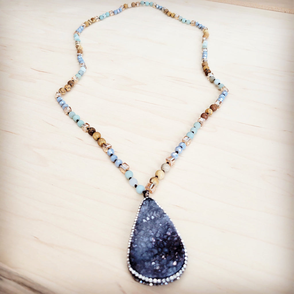 Crystal & Amazonite Long Beaded Necklace w/ Druzy Pendant 262u