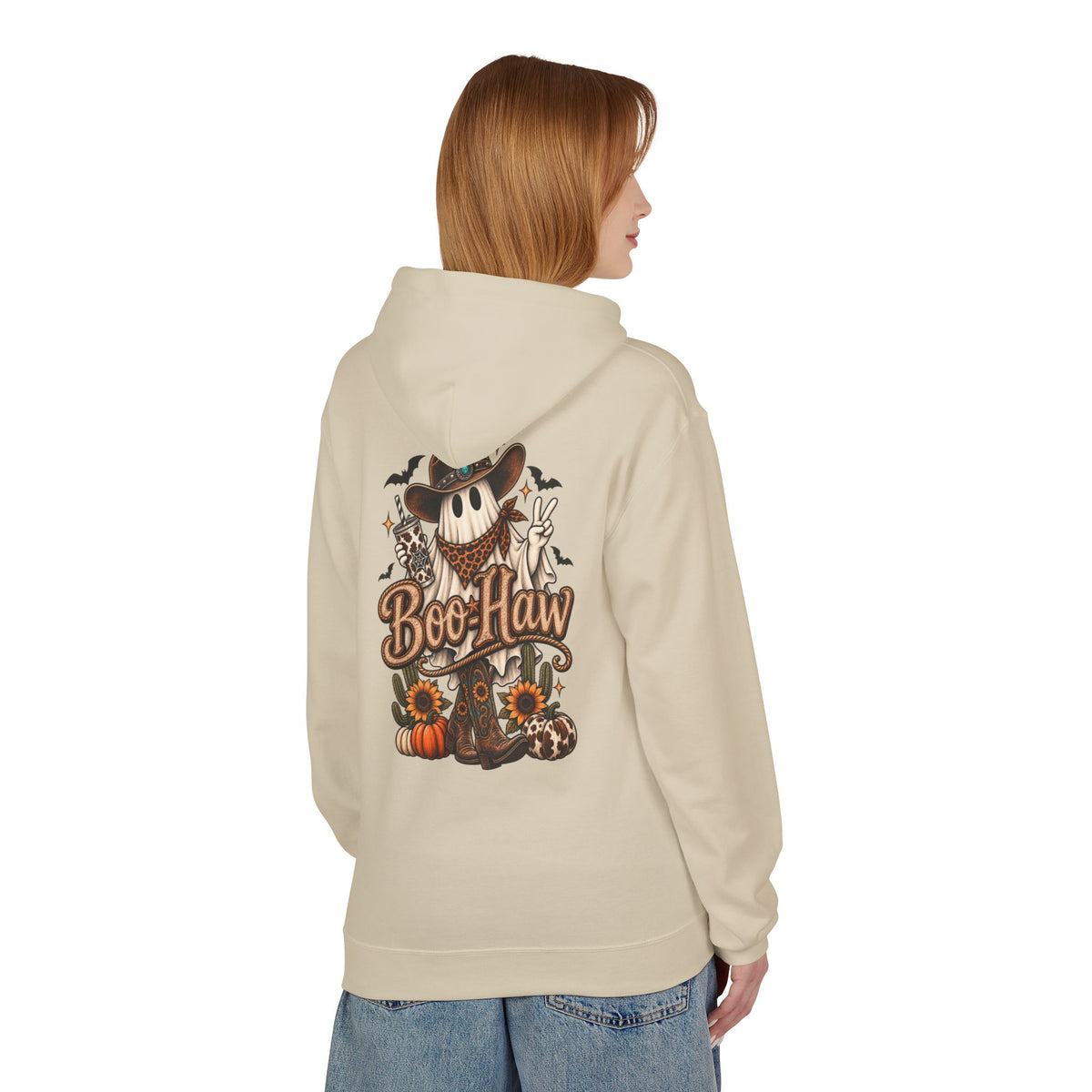 Boo-Haw Halloween Hoodie ~ Wildflowers & Moonshine — Cowgirl Scarecrow Pumpkin Fall Pullover