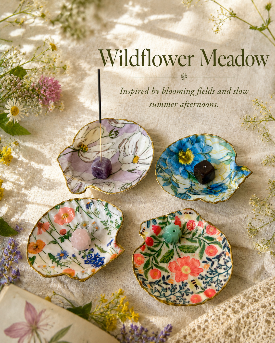 Wildflower Meadow Shell Incense Burner | Handmade Floral Scallop Shell Incense Holder