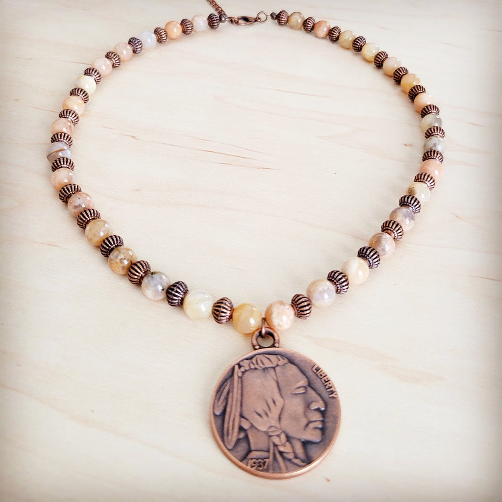 Agate Beaded Collar Necklace w/ Indian Head Pendant 262m
