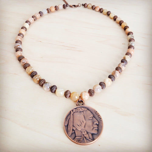Agate Beaded Collar Necklace w/ Indian Head Pendant 262m