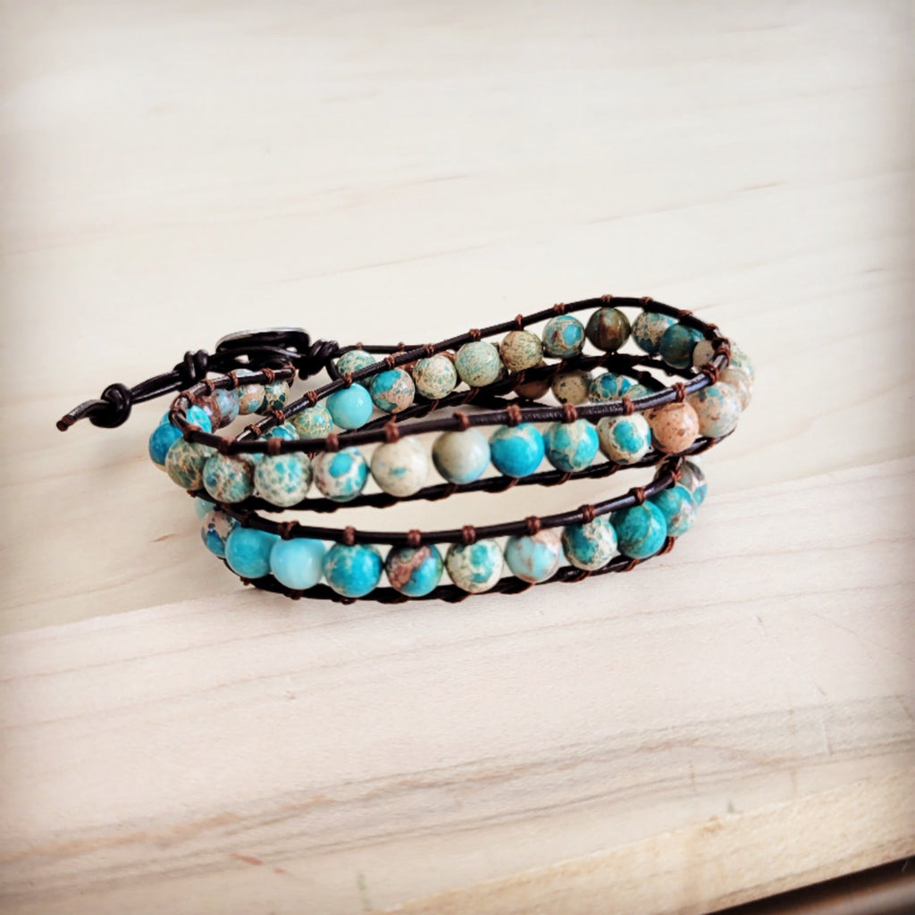 Jasper Beaded Leather Double Wrap Bracelet 811s