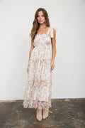 Floral Chiffon Tie Strap Ruffled Tiered Midi Dress - Oatmeal