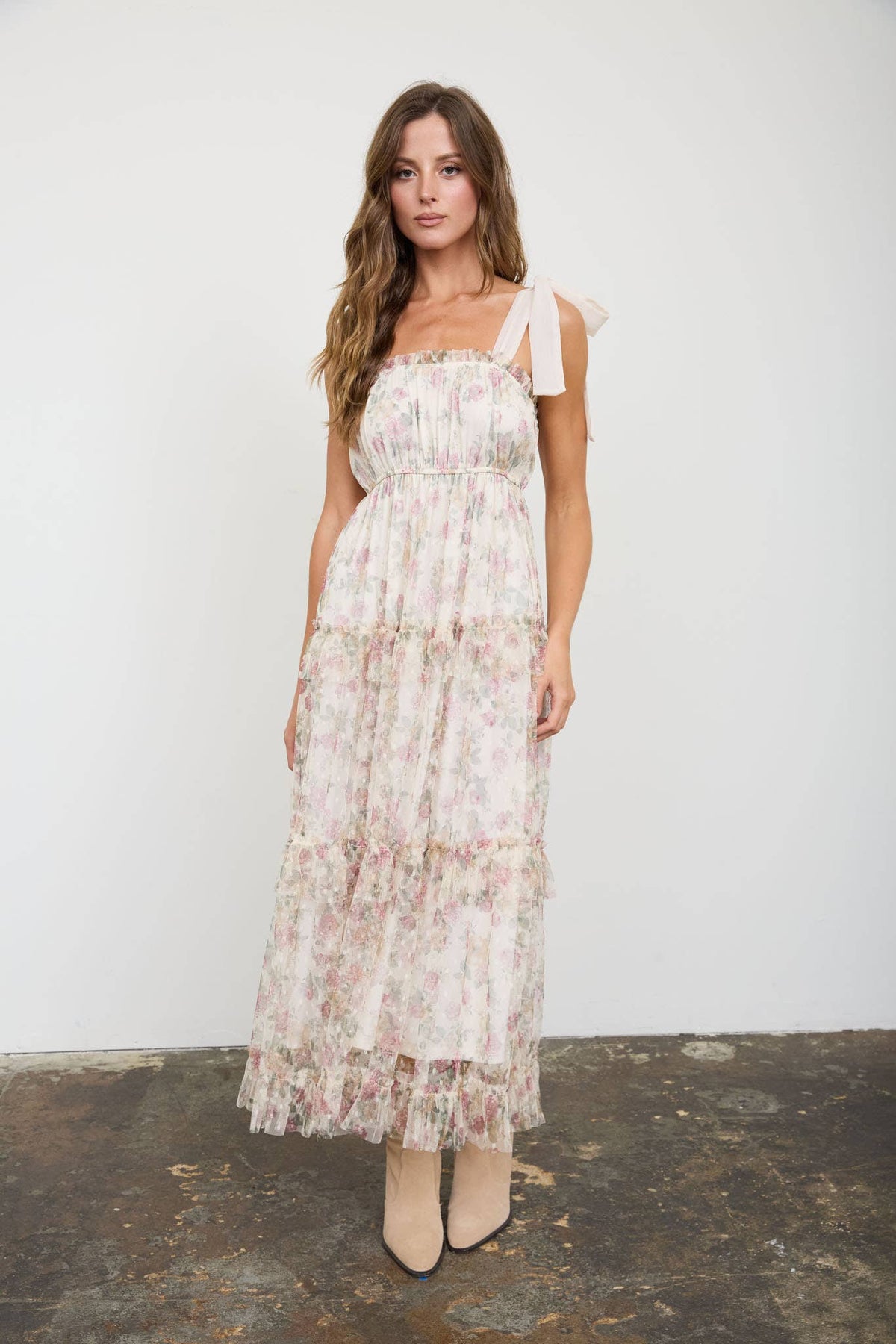 Floral Chiffon Tie Strap Ruffled Tiered Midi Dress - Oatmeal