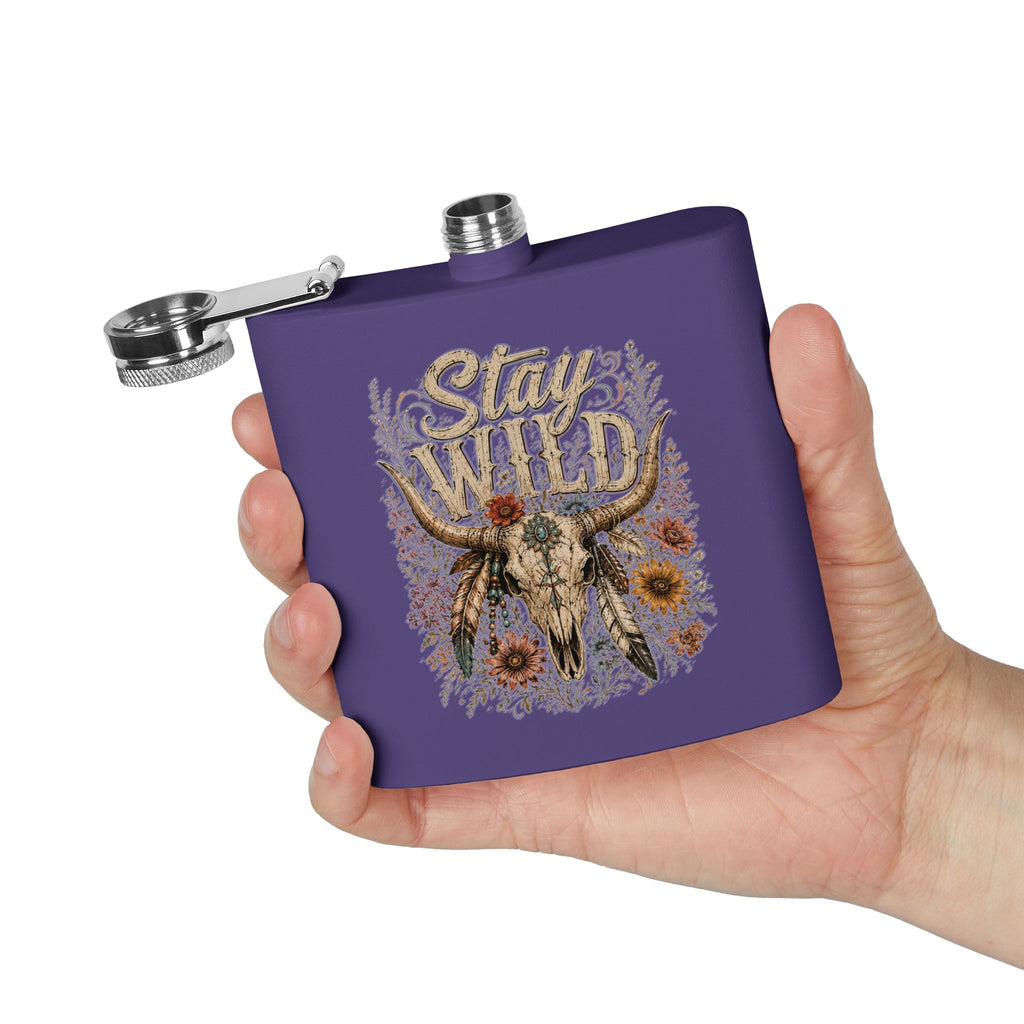 Stay Wild Boho Skull & Flowers Stainless Steel Flask – 6oz Hip Flask - Wildflowers & Moonshine Exclusive!